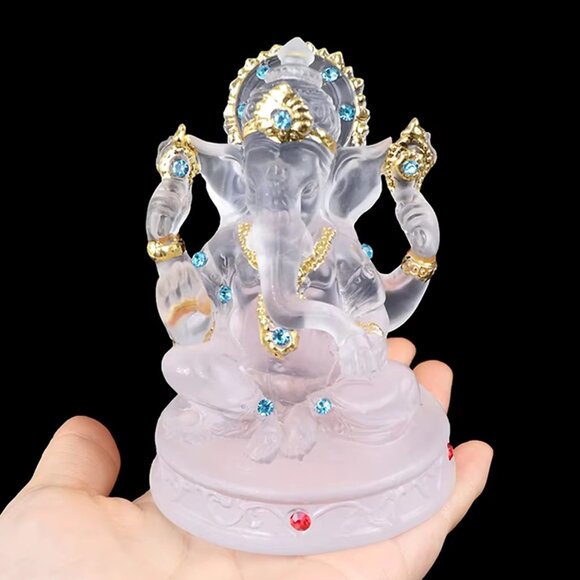 GANESH CLEAR GLAZE CRYSTAL STATUE-Bejeweled Resin Stone-4.5 in Figurine-Success - Picture 12 of 16